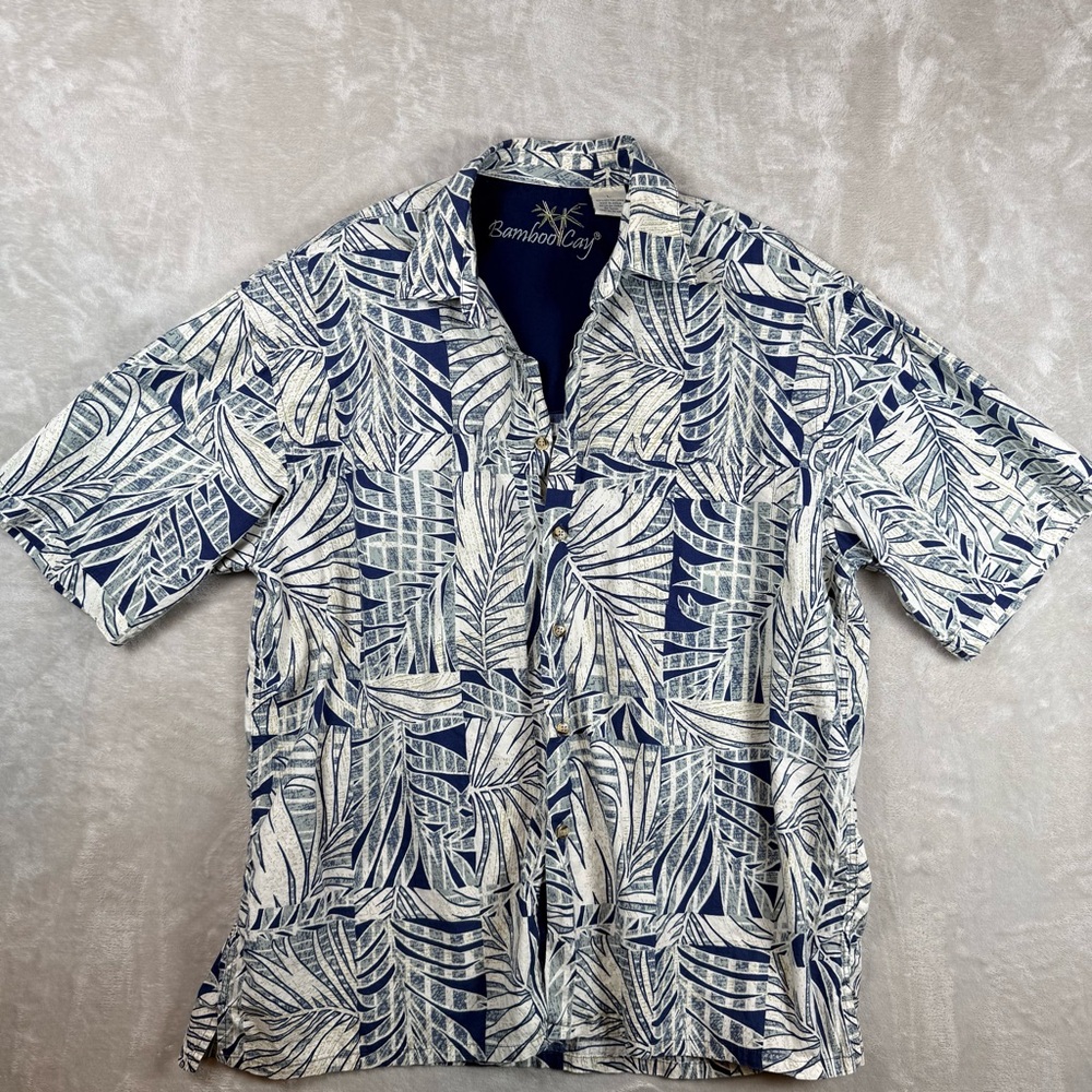Bamboo Cay Hawaiian Shirt Mens Large Blue Tropical Print Button Front Resort